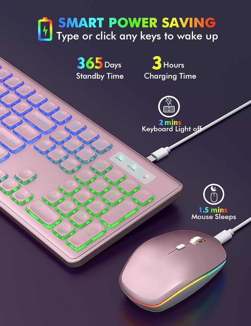 Trueque Wireless Keyboard and Mouse Combo, RGB Backlit, Rechargeable & Light Up Letters, Full-Size, Soft Typing, Sleep Mode, 2.4GHz Quiet Keyboard Set for Mac, Windows, Laptop, PC, (Rose Pink) - Image 3